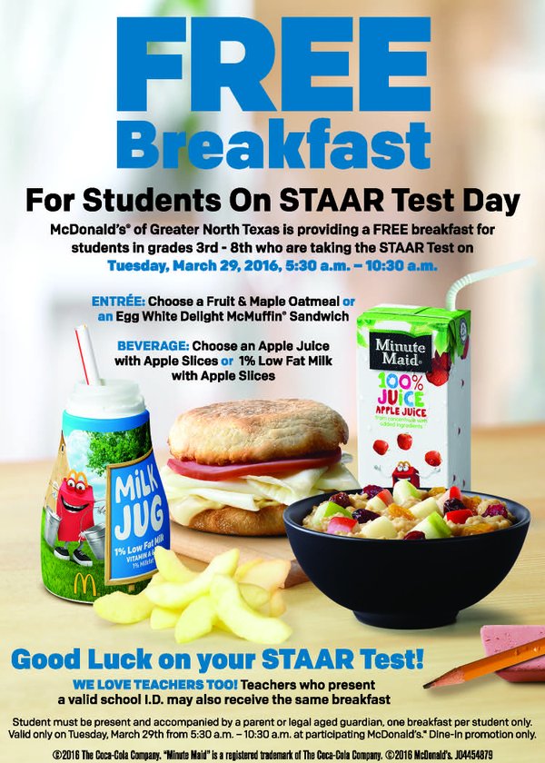 McDonald’s offering free STAAR breakfast for 3rd8th graders on Tuesday