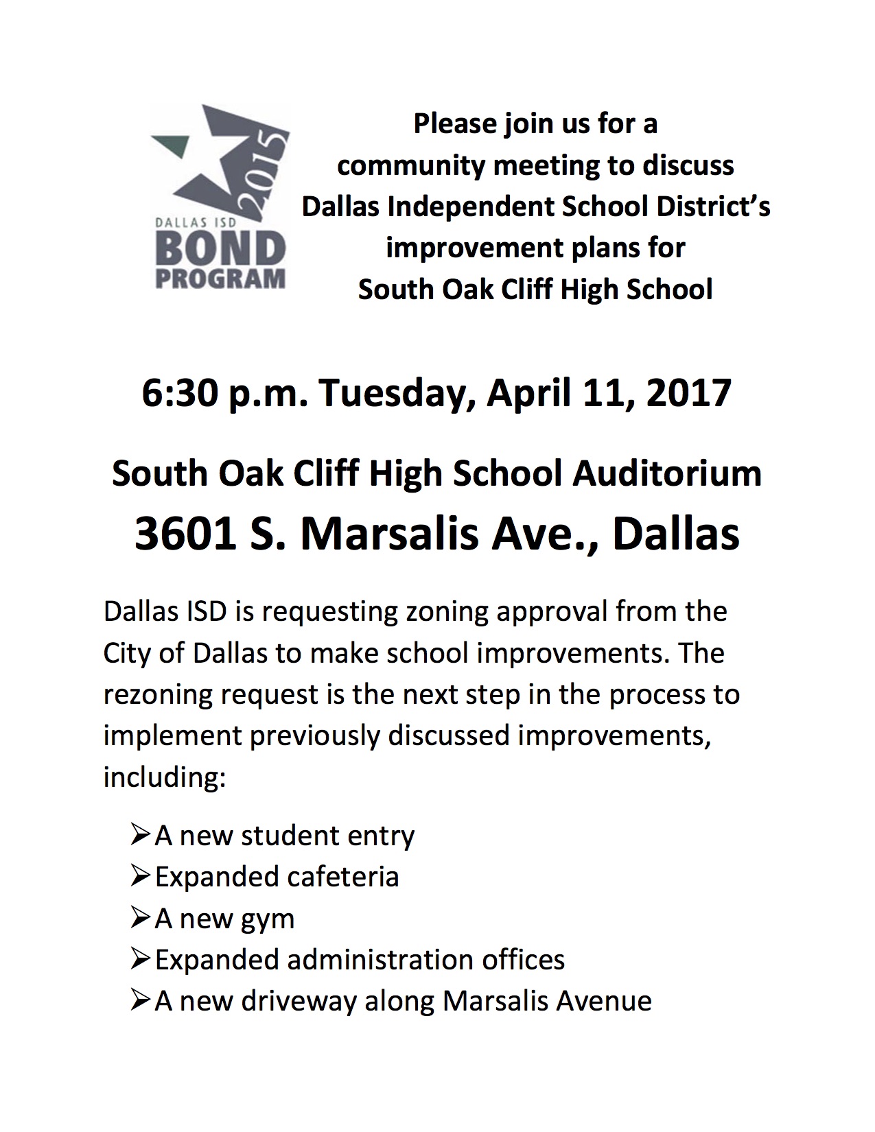 Community meeting to discuss proposed improvements at South Oak Cliff High School