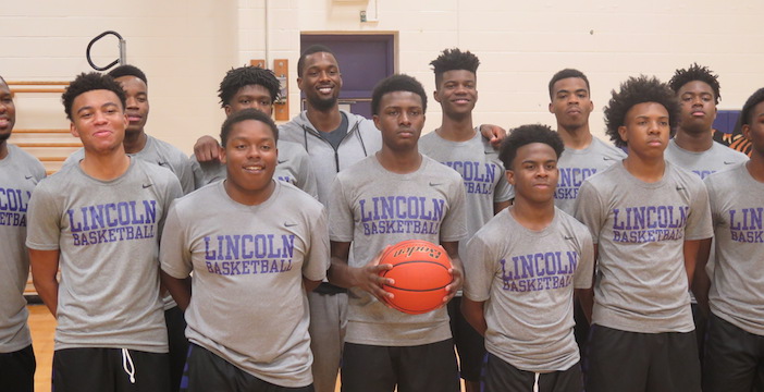 Harrison Barnes meets with the Lincoln High School basketball team