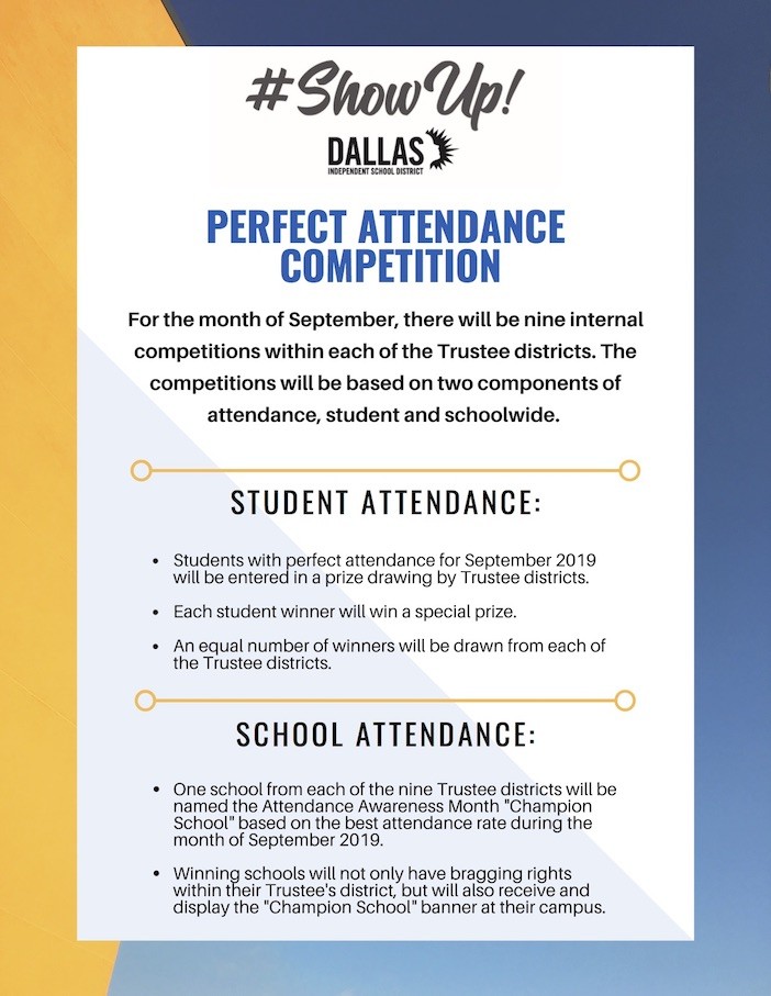 Dallas ISD on X: Parent Services invites you to participate in the  Districtwide Champion School Competition!🏆The schools with the best  overall attendance rate throughout September Attendance Awareness Month  from all 3 Dallas