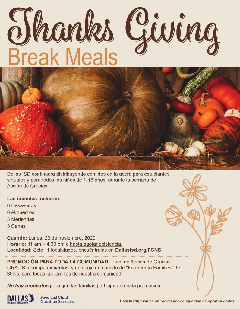 Distribución de comidas continuará durante la semana del Día de Acción de Gracias
